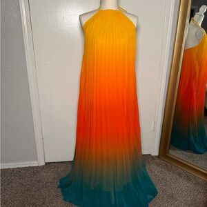 Tropical Sunset Ombre Halter Maxi | Pleated Flowy Dress XL
